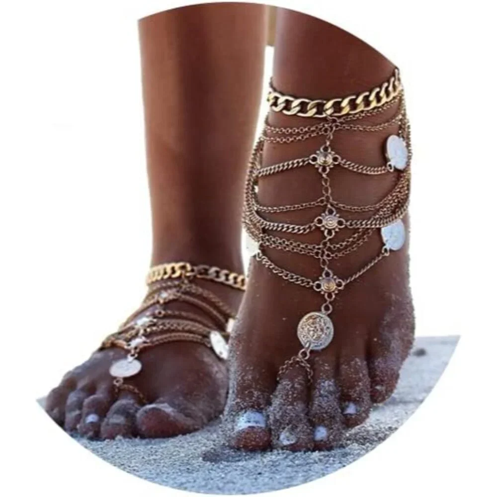 Silver Barefoot Sandals Foot Chain Jewelry Coin Anklet Bracelet for Women and Gi